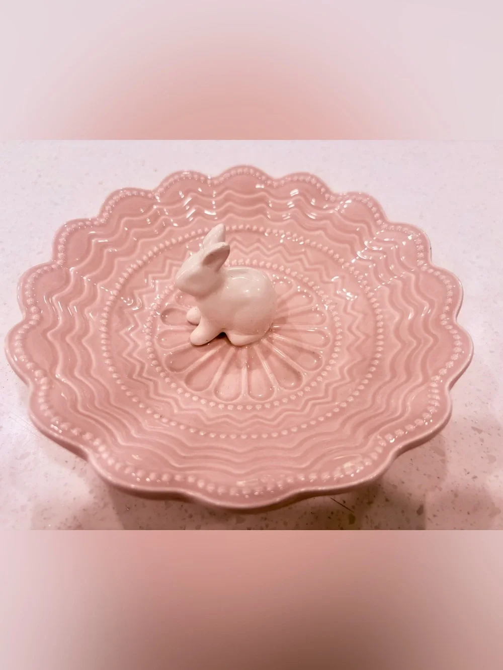 Arlington Designs Pink Scalloped Ceramic Bunny Candy Bowl 7”